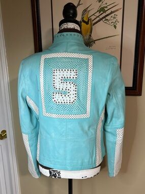 Vintage Turquoise Silver Leather Jacket Ladies Large L Racing Style Lined Bling
